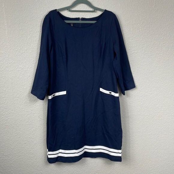 Talbots Navy Blue White Trim Career Office Dress Mod Retro 3/4 Sleeve Sz 12 - Picture 1 of 10